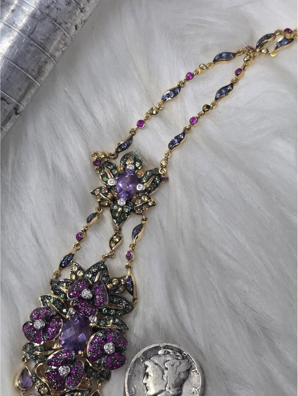 18k Gold Edwardian Revival Natural Gem Festoon Necklace - Picture 8 of 9